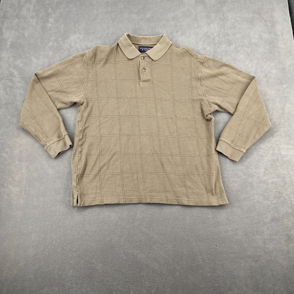 VTG Y2K Roundtree & Yorke Polo Shirt Sz M Beige Check Knit Performance Side Slit